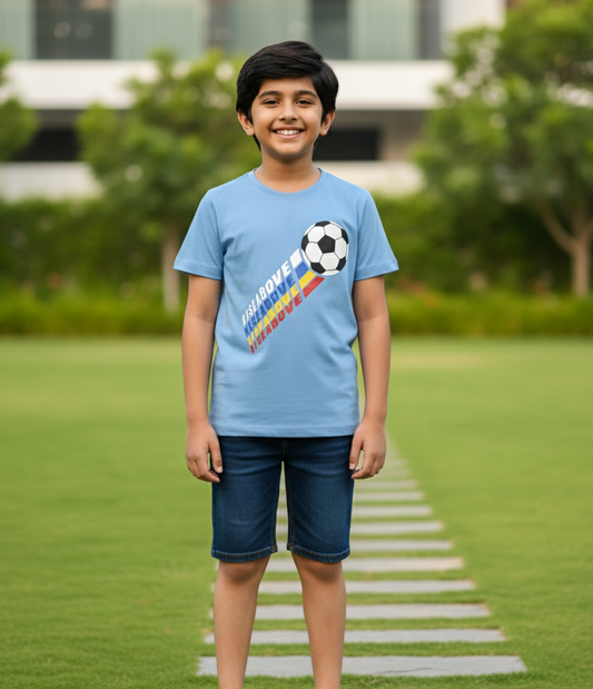 Kids 100% Pure Cotton Footbal Printed Blue T-Shirt