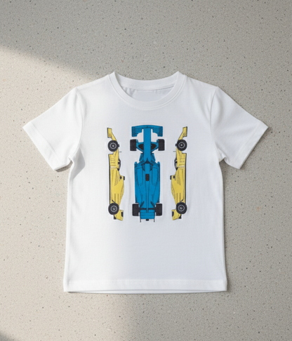 Kids 100% Pure Cotton White Car Print T-Shirt