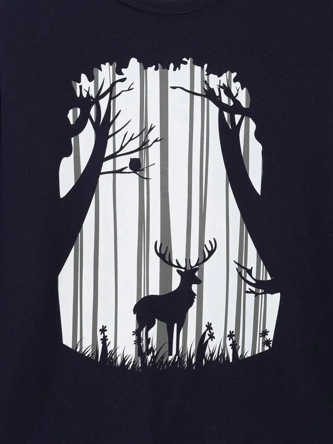 Navy Jungle And Deer Printed Round Neck Cotton T-shirt - Ladore