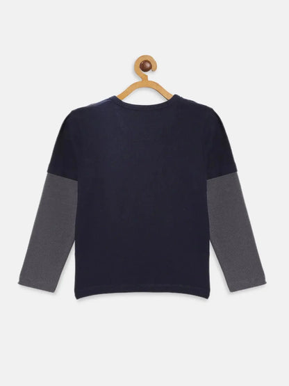Navy Surfers Printed Colourblock Round Neck Cotton T-shirt - Ladore