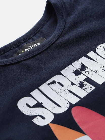 Navy Surfers Printed Colourblock Round Neck Cotton T-shirt - Ladore