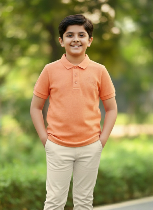 Kids Peach Half Sleeves Cotton Polo T-shirt