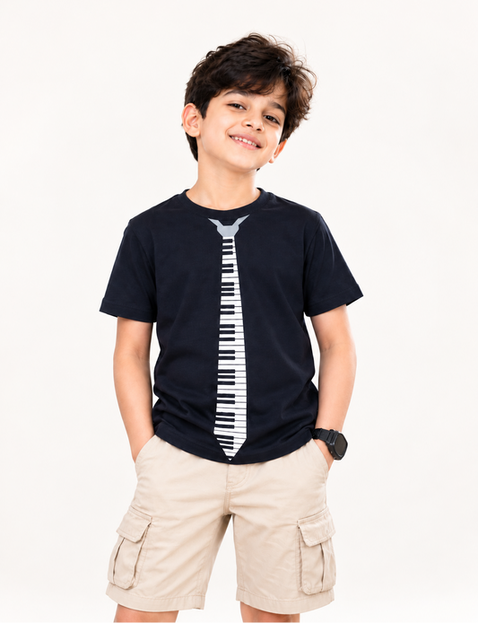 Boys Black Tie Printed Round Neck Cotton T-shirt