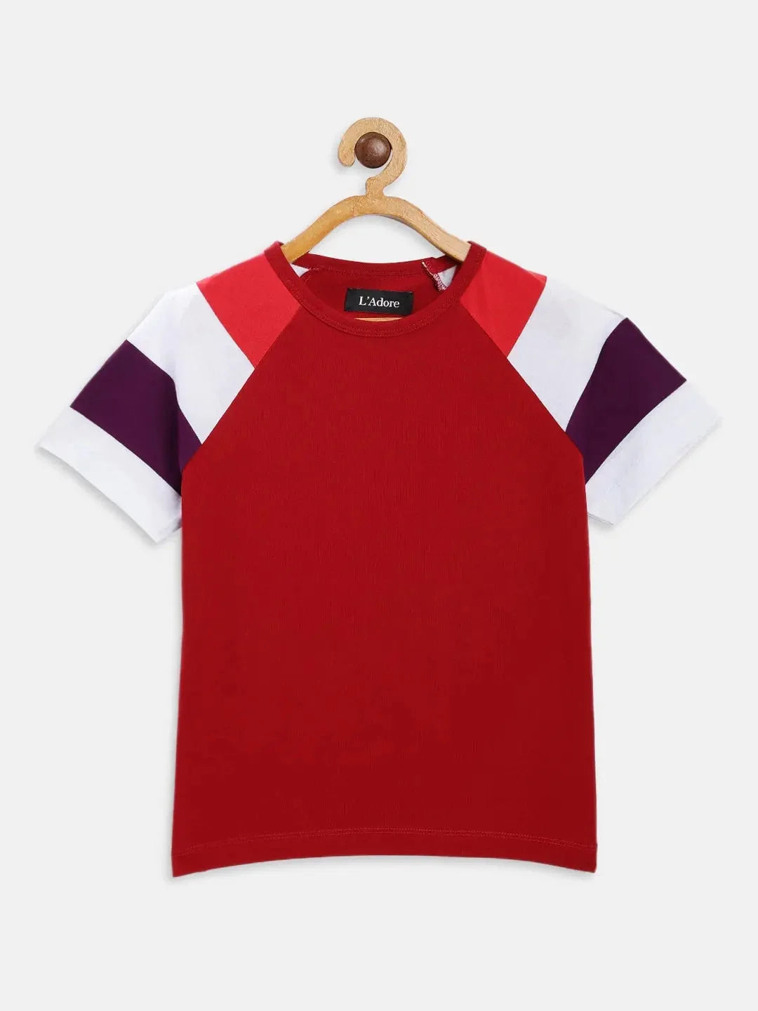 Red Colourblock Round Neck Cotton T-shirt - Ladore