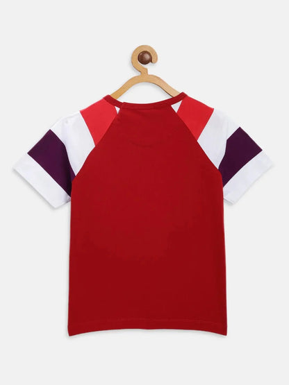 Red Colourblock Round Neck Cotton T-shirt - Ladore