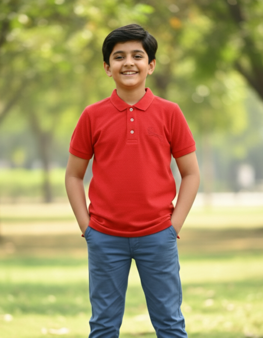 Kids Red Half Sleeves Cotton Polo T-shirt