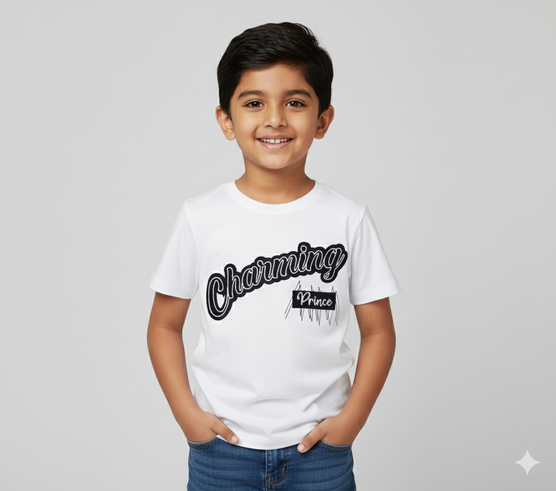 White Cotton Embroidered Half Sleeves Tshirt