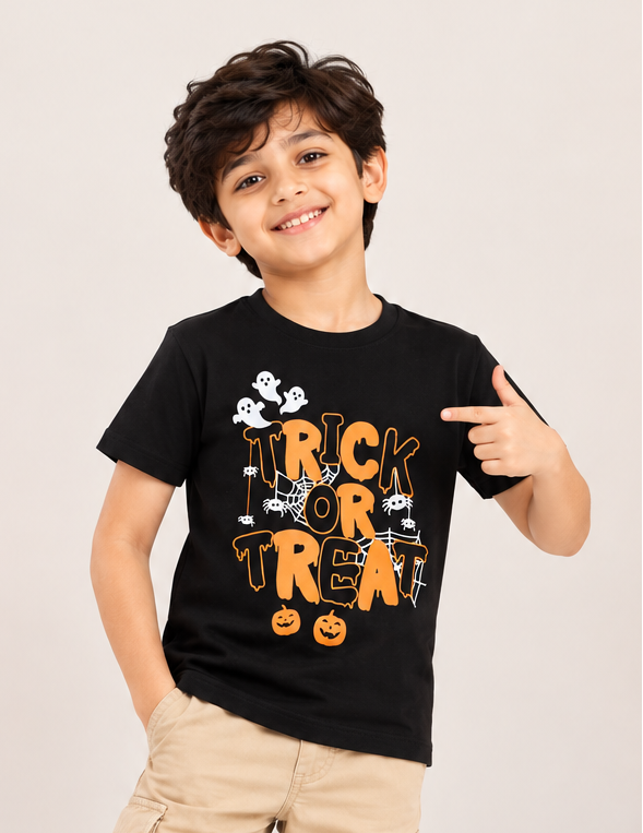 Ladore Kids Unisex Trick Or Treat Black Cotton Halloween T-Shirt