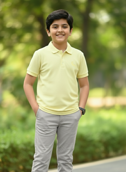 Yellow Solid Self Fabric Polo Cotton T-shirt