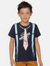 Boys Navy Blue Tie Printed Round Neck Cotton T-shirt