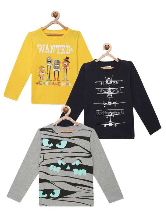 Kids Combo Pack of 3 Full Sleeves Round Neck Cotton T-Shirts (Age 7-12 Years) Ladore