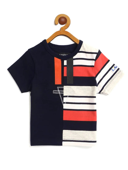Kids Navy Blue & Maroon Colour Block Round Neck Cotton T-shirt freeshipping - Ladore
